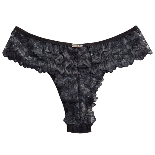 Calcinha Aurora na cor preta com glitter prata toda em renda floral, modelagem confortável, cintura média e acabamento artesanal. Plaquinha personalizada naughty na cor prata.