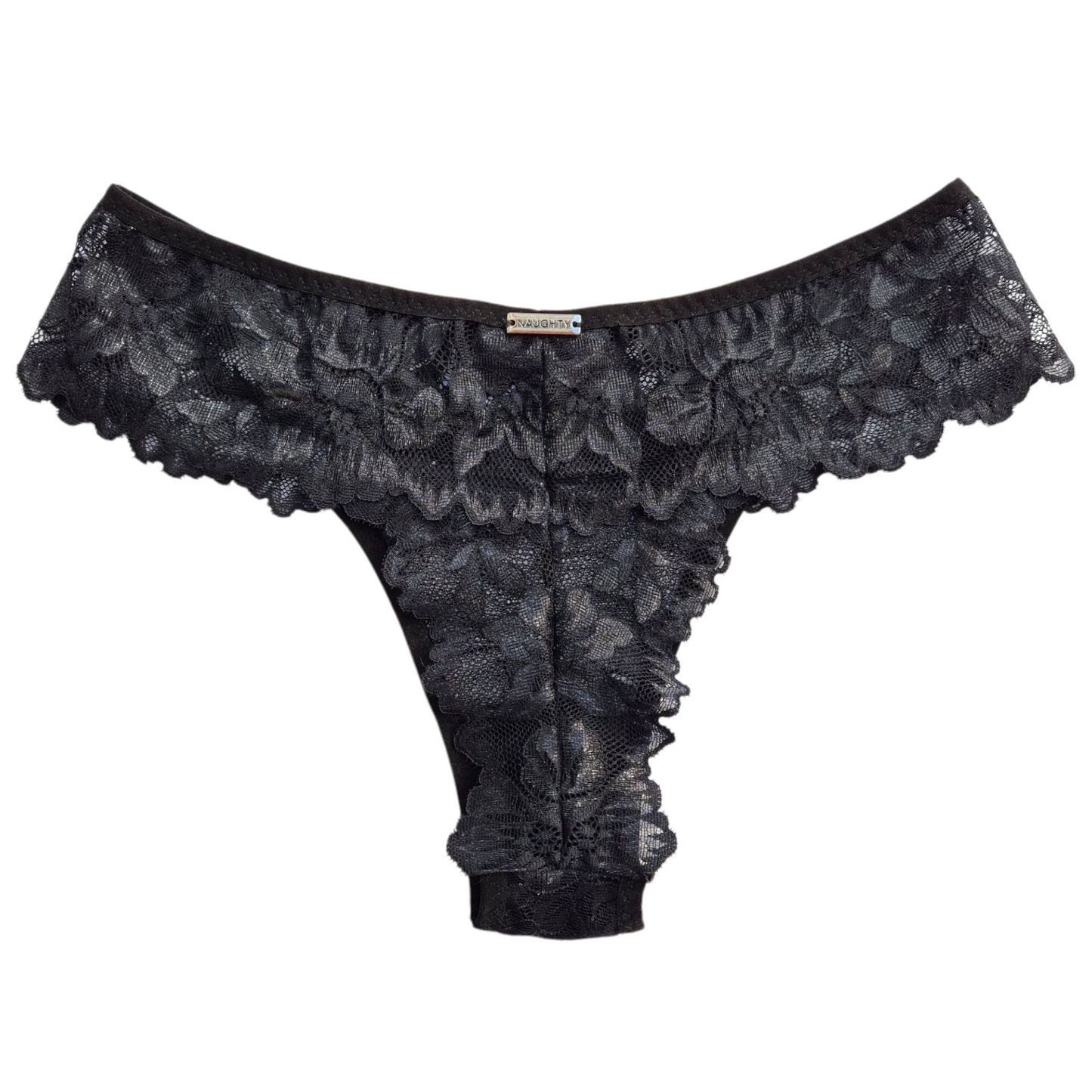 Calcinha Aurora na cor preta com glitter prata toda em renda floral, modelagem confortável, cintura média e acabamento artesanal. Plaquinha personalizada naughty na cor prata.