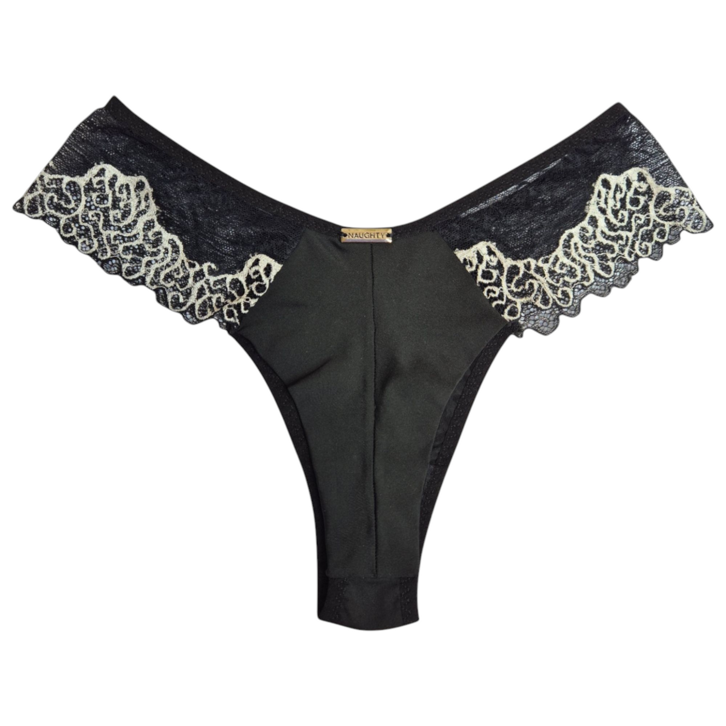 Calcinha Luxe preta e branca com laterais em renda, cintura média e fio duplo em microfibra macia. Plaquinha personalizada naughty prata, cintura media. 