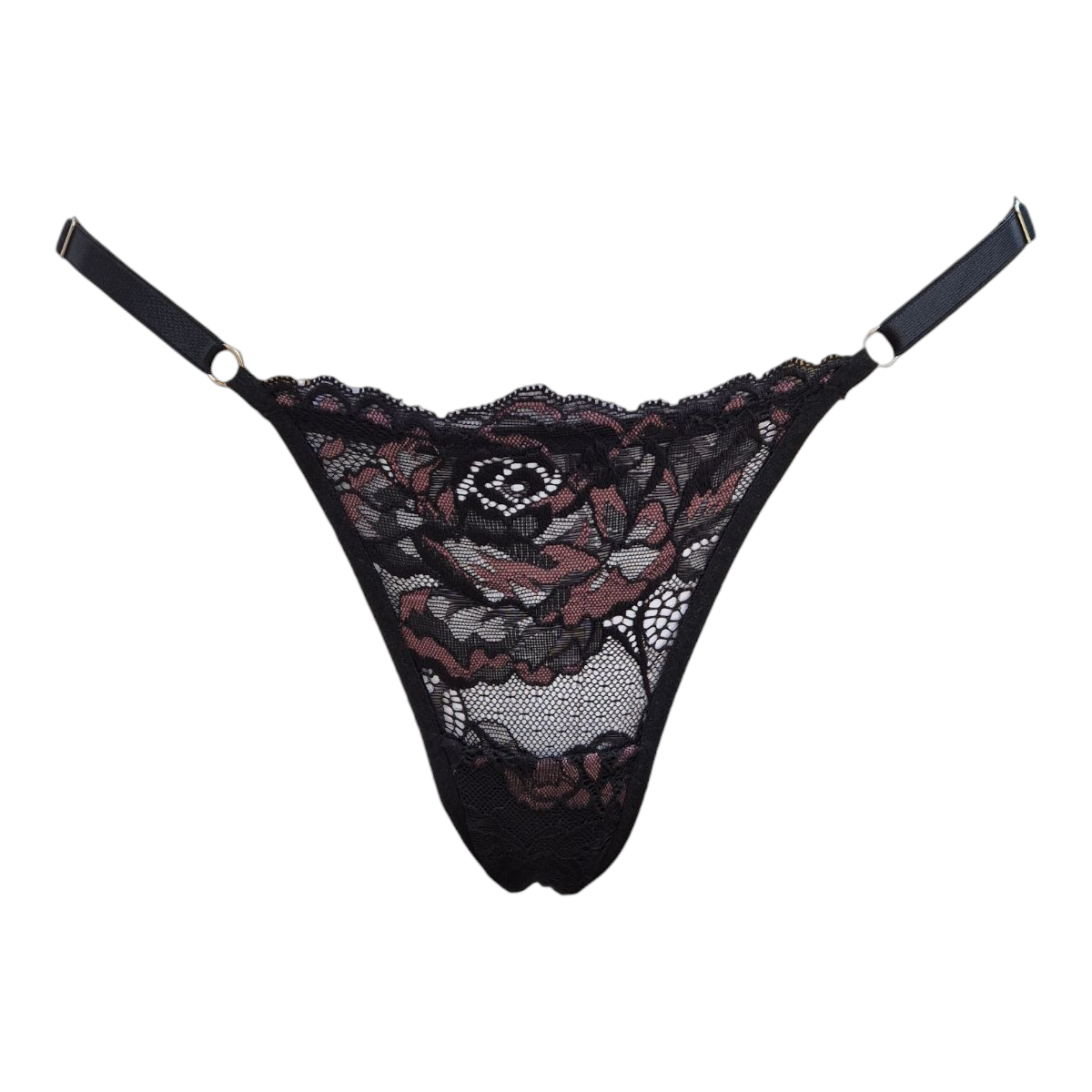 Calcinha string Seduce preta com detalhes em renda e flor bordô, alças ajustáveis e design sensual. Fio duplo em microfibra e plaquinha personalizada an cor prata. 
