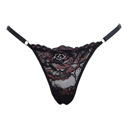 Calcinha string Seduce preta com detalhes em renda e flor bordô, alças ajustáveis e design sensual. Fio duplo em microfibra e plaquinha personalizada an cor prata. 