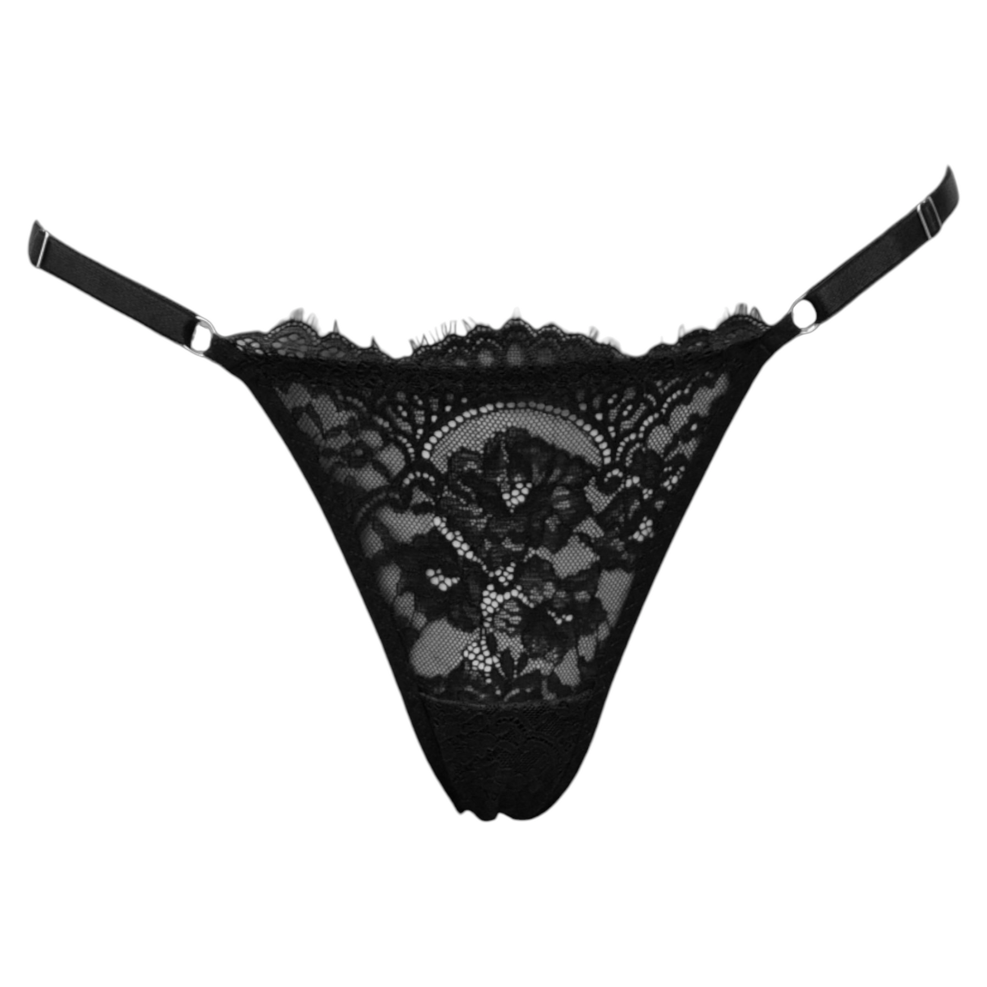 Calcinha string preta em renda macia e floral com alças finas ajustáveis e toque artesanal. Fio duplo em microfibra e plaquinha personalizada naughty na cor prata. 