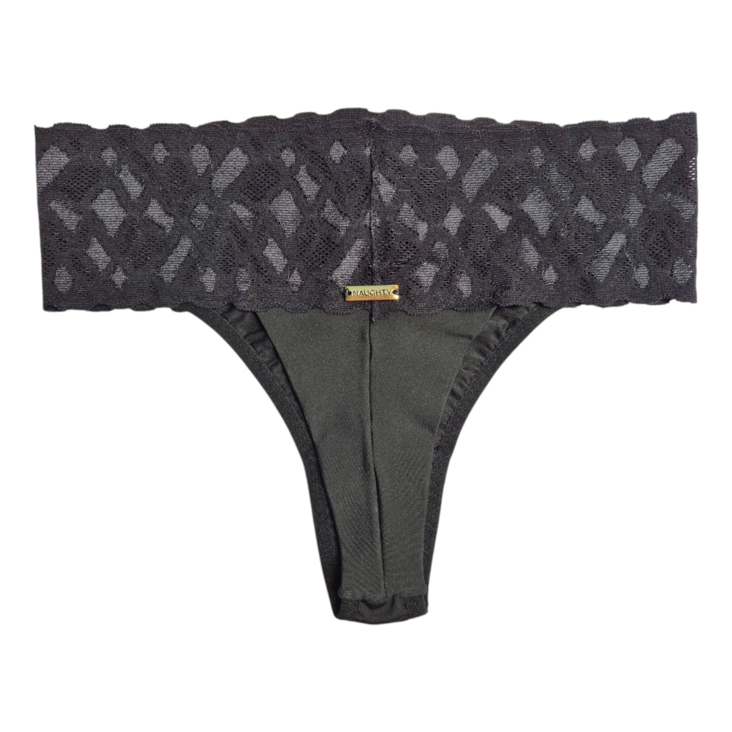 Calcinha Sweet preta de cintura alta com cós em renda, fio duplo e conforto absoluto. Plaquinha personalizada na cor dourada, peça artesanal.