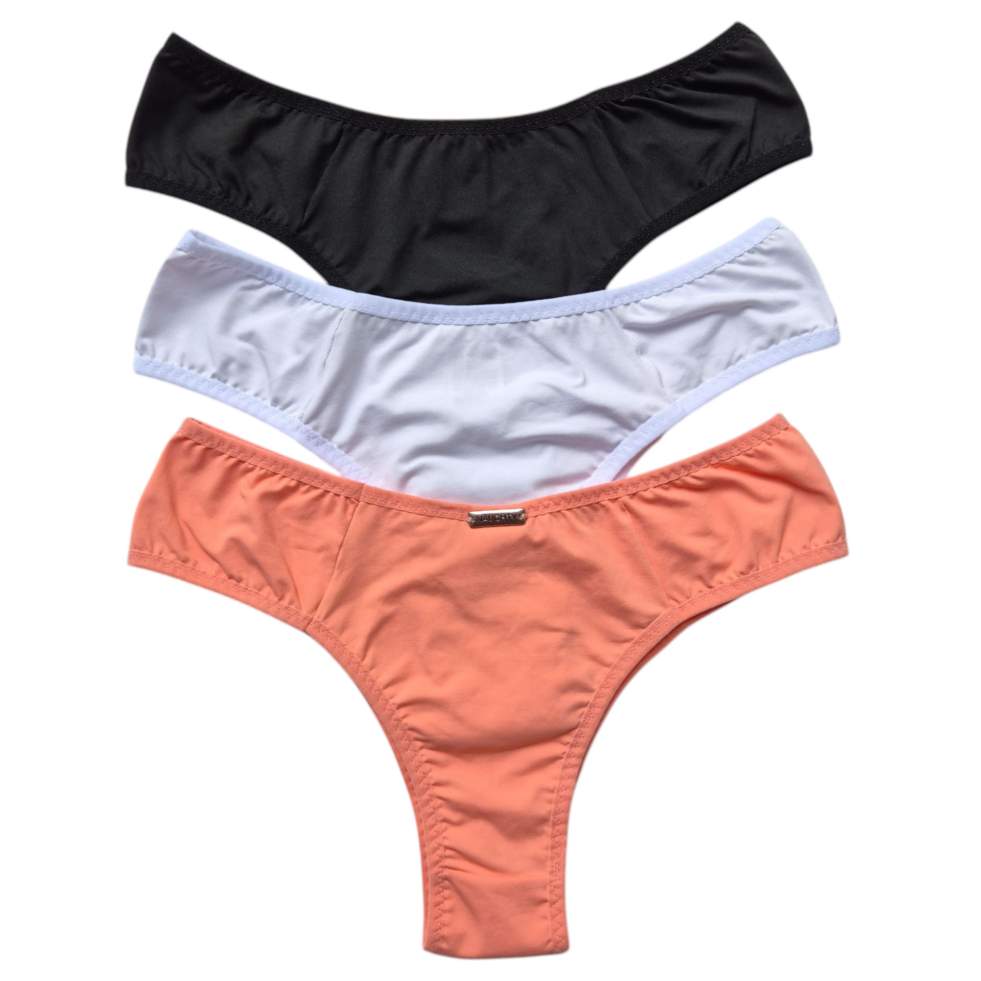 Kit de calcinhas básicas nas cores preta, branca e coral, modelagem confortável e toque suave. Calcinha toda em microfibra e forro 100 algodão. Plaquinha personalizada naughty na cor prata. 