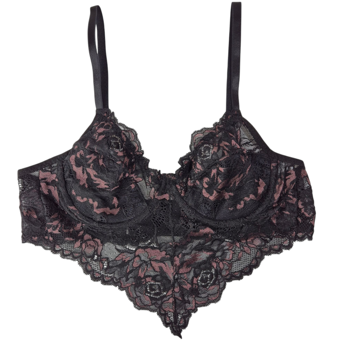 Sutiã Seduce preto com detalhes bordô em renda, com aro, sem bojo e estrutura reforçada. Forrado na parte do busto e plaquinha personalizada naughty na cor prata.
